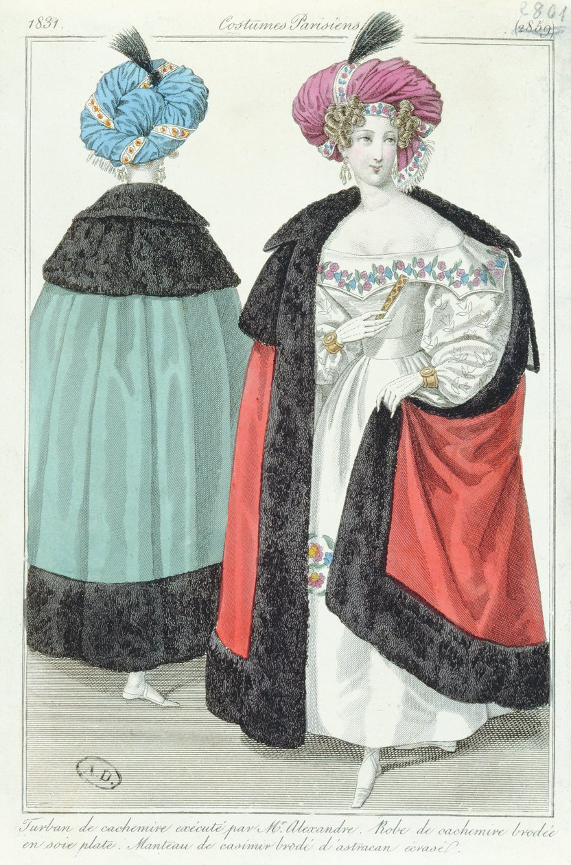 To kvinder med turbaner, kjoler og kapper af kashmir, fra Costumes Parisiens, 1831 af French School