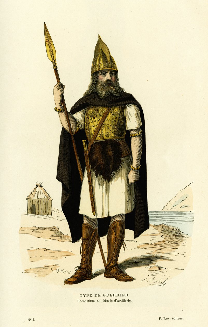 Type af gallisk kriger, med spyd og sværd nydam. Farvestik efter L.Hennins tegning, i "Frankrig og franskmændene gennem århundrederne" af Augustin Challamel, F.Roy-redaktør, Paris 1882. Selva-samlingen. af French School