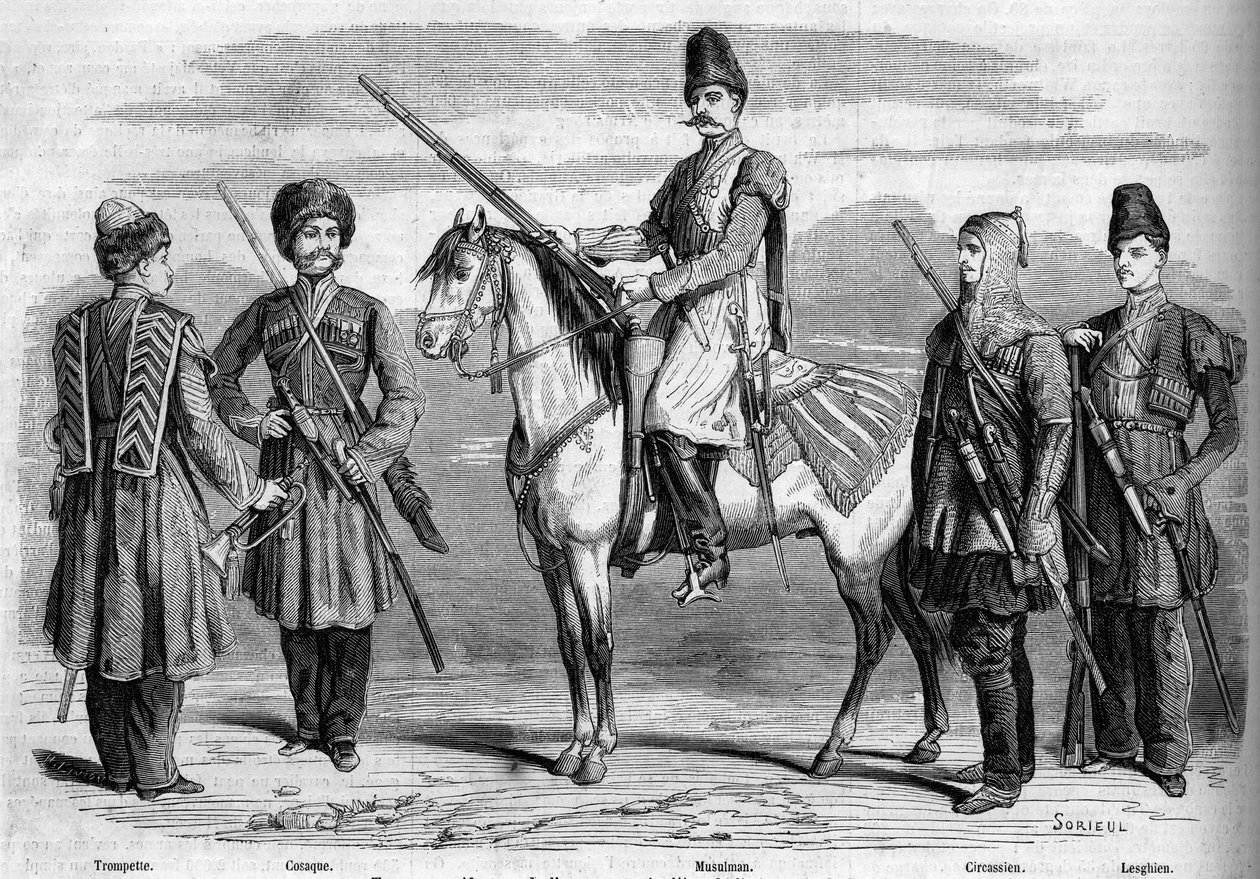 Typer og uniformer af den særlige eskorte af kejseren af Rusland. Fra venstre mod højre: trompet, kosak, muslimsk, tjerkessisk og lesgisk. Indgravering i "" Le Monde Illustré"" nr. 153 af 17. marts 1860. af French School