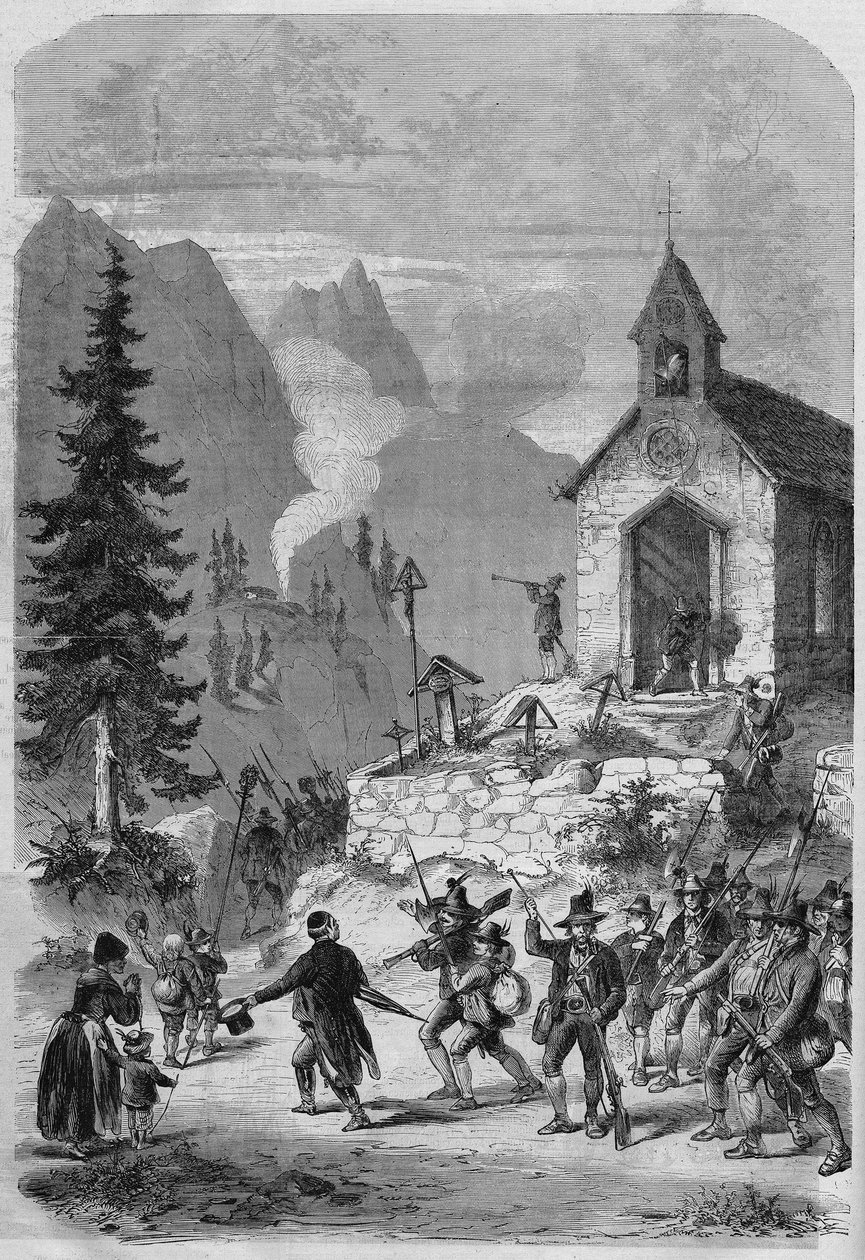 Tyrol, scene for hjemkomsten af de tyrolske tropper fra den østrigske hær, i oktober 1866. Gravering af French School