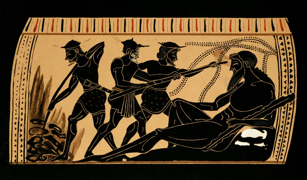 Ulysses og hans kammerater stikker øjet ud af kyklopen Polyphemus, illustration fra en antik græsk vase, 1887 af French School