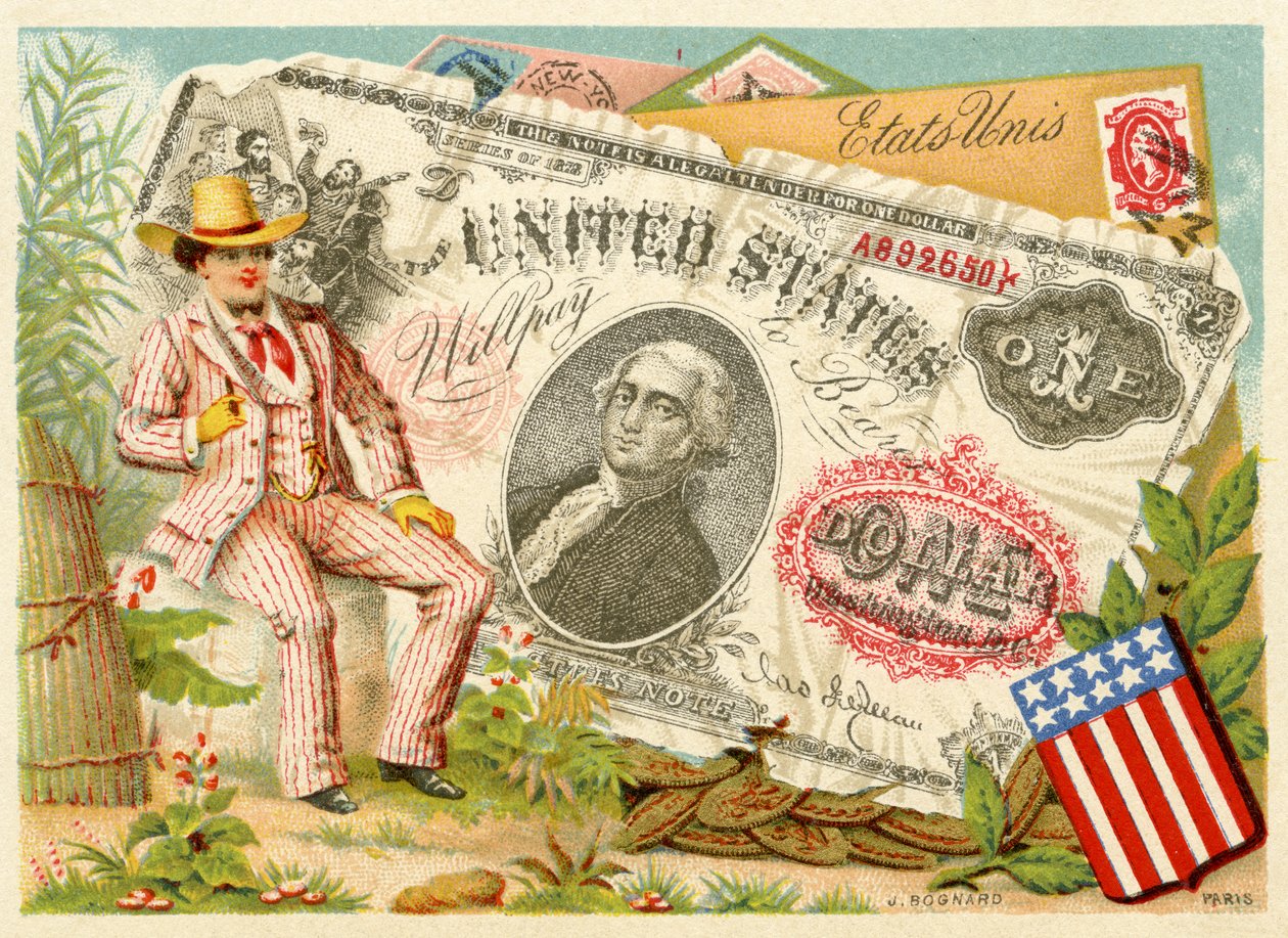 Onkel Sam sad ved siden af en en-dollarseddel fra en række salgsfremmende kort på valutaer i forskellige lande, udgivet i Paris af Bognard til brug for stormagasiner og producenter, 1886-9 af French School