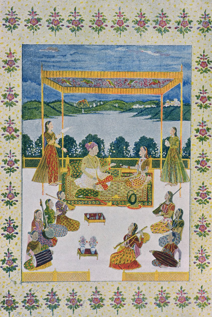 Under himlen med musik og blomster, illustration fra The Arabian Nights, 1895 (farvegravering) af French School
