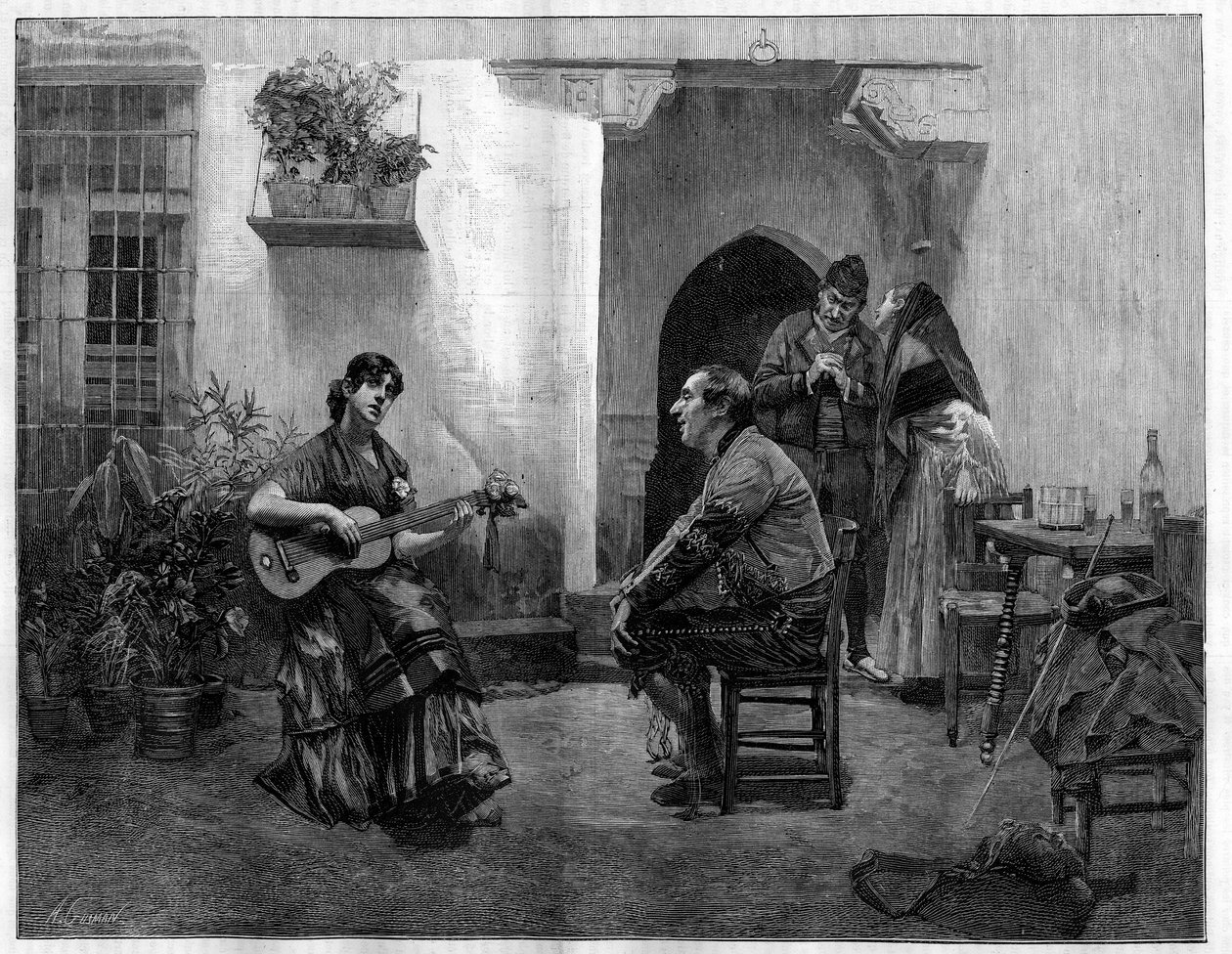 Under fortryllelsen: en mand lytter med beundring til en ung spansk pige, der spiller guitar. Indgravering efter maleriet af Jules Worms (1832-1914) i "The Illustrious World", 1. maj af French School