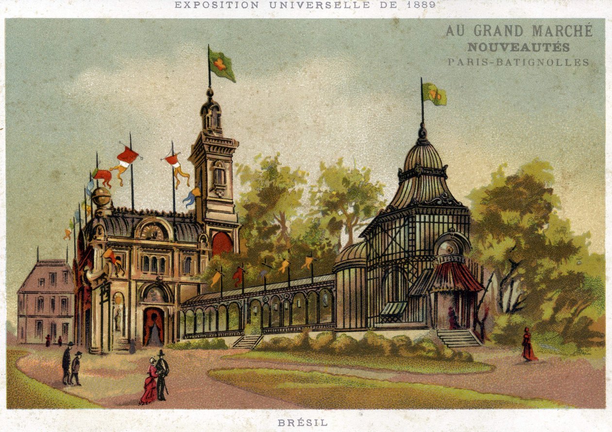 Verdensudstilling fra 1889. Brasiliens pavillon. Paris Batignolles. Kromolitografi i slutningen af det 19. århundrede. af French School