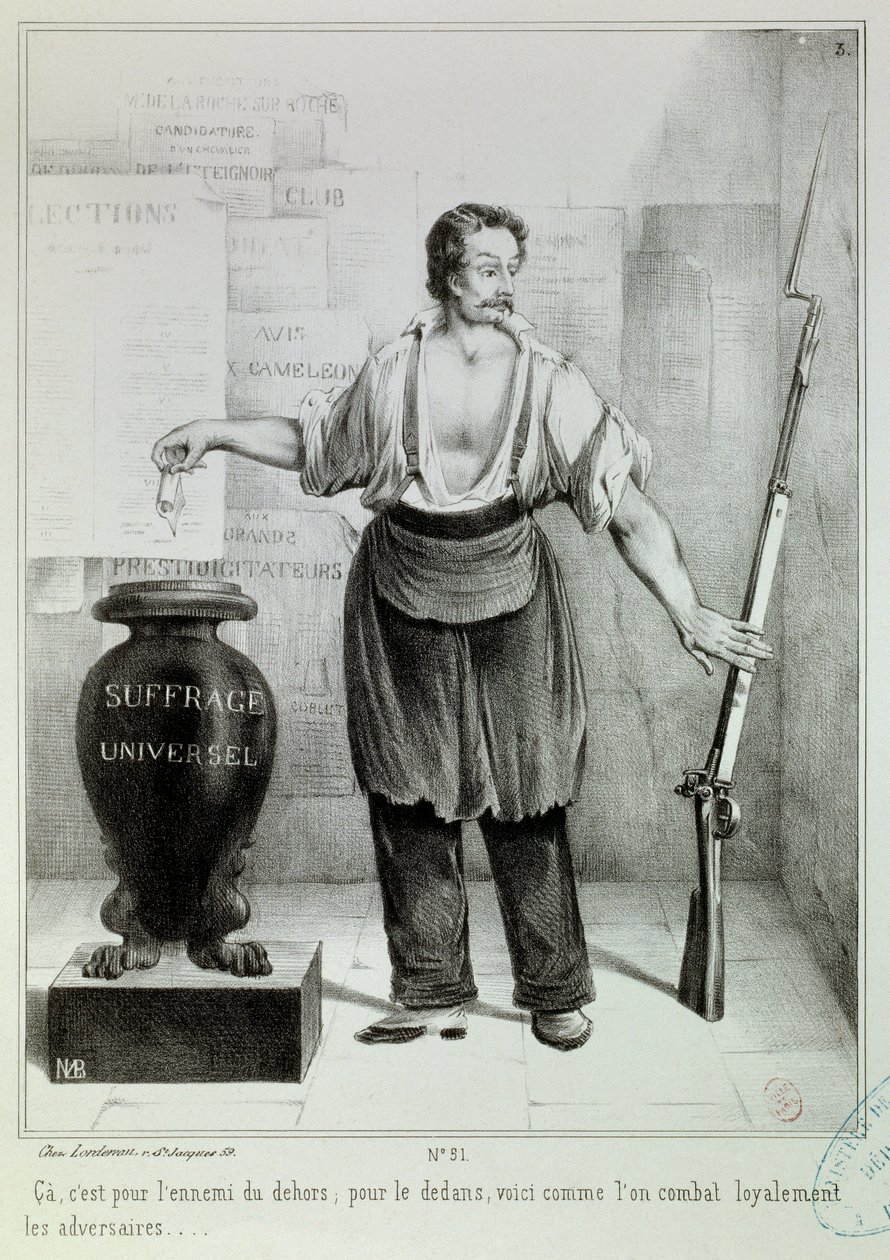 Almindelig valgret "" afstemningen eller geværet"" Afstemningen skal bekæmpe fjenden i stedet for geværet. Stik af M.L. Bosredon, april 1848. Paris, Musee Carnavalet af French School