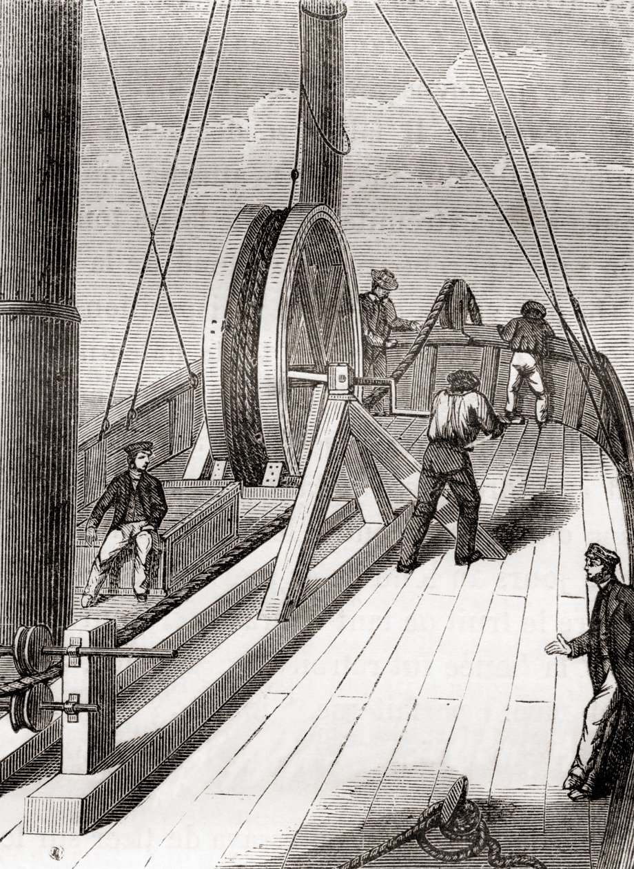 Afvikling af søkablet fra Dover til Calais ombord på Blazeren, 25. december 1851, fra Les Merveilles de la Science, udgivet ca. 1870 (gravering) af French School