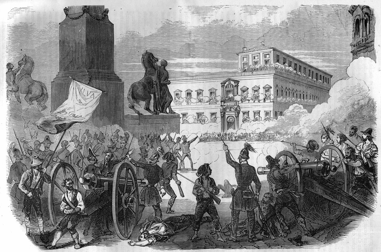 Opstand i Bologna: væltning af den pavelige regering under Gregoire XVI Pave fra 1831 til 1846. Indgravering i "Histoire des Papes-Rois-Queen and Empereurs a travers les centuries" af Maurice Lachatre af French School
