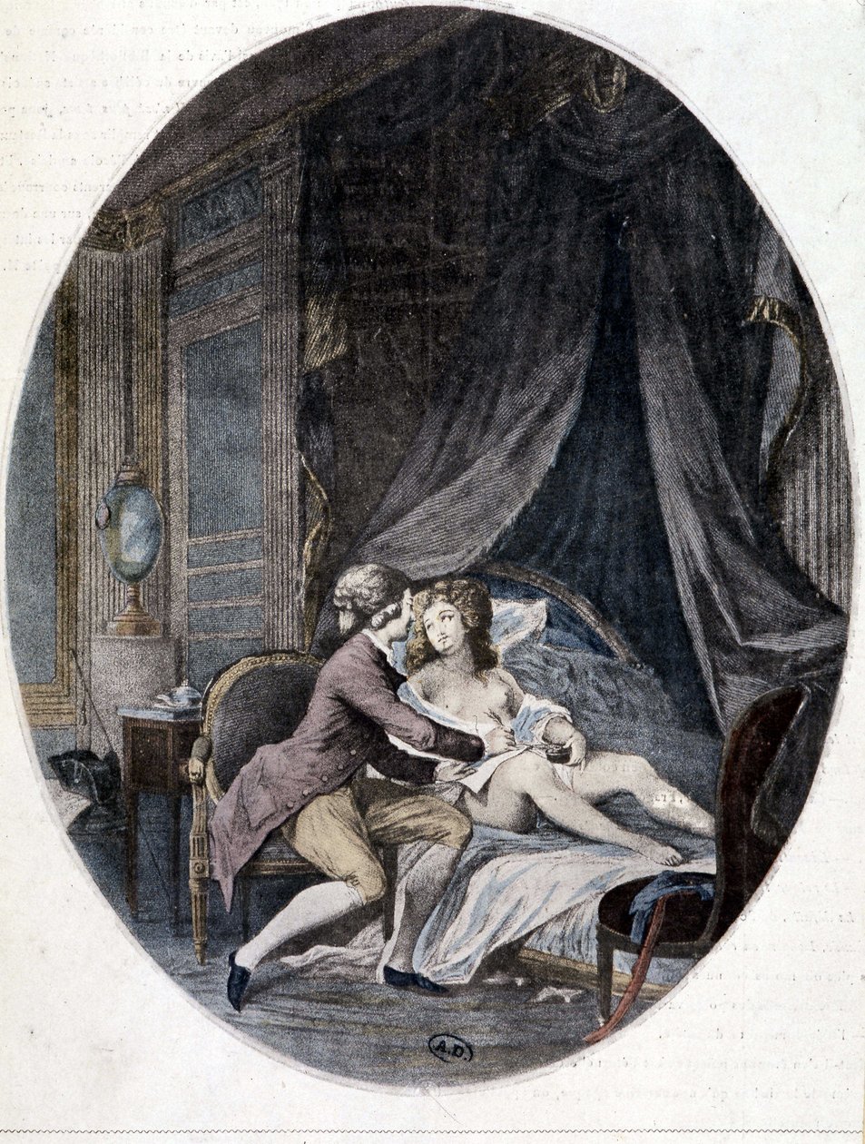 Valmont skriver et brev på Emilias lår - i "" Dangerous Liaisons"" af Choderlos de Laclos af French School