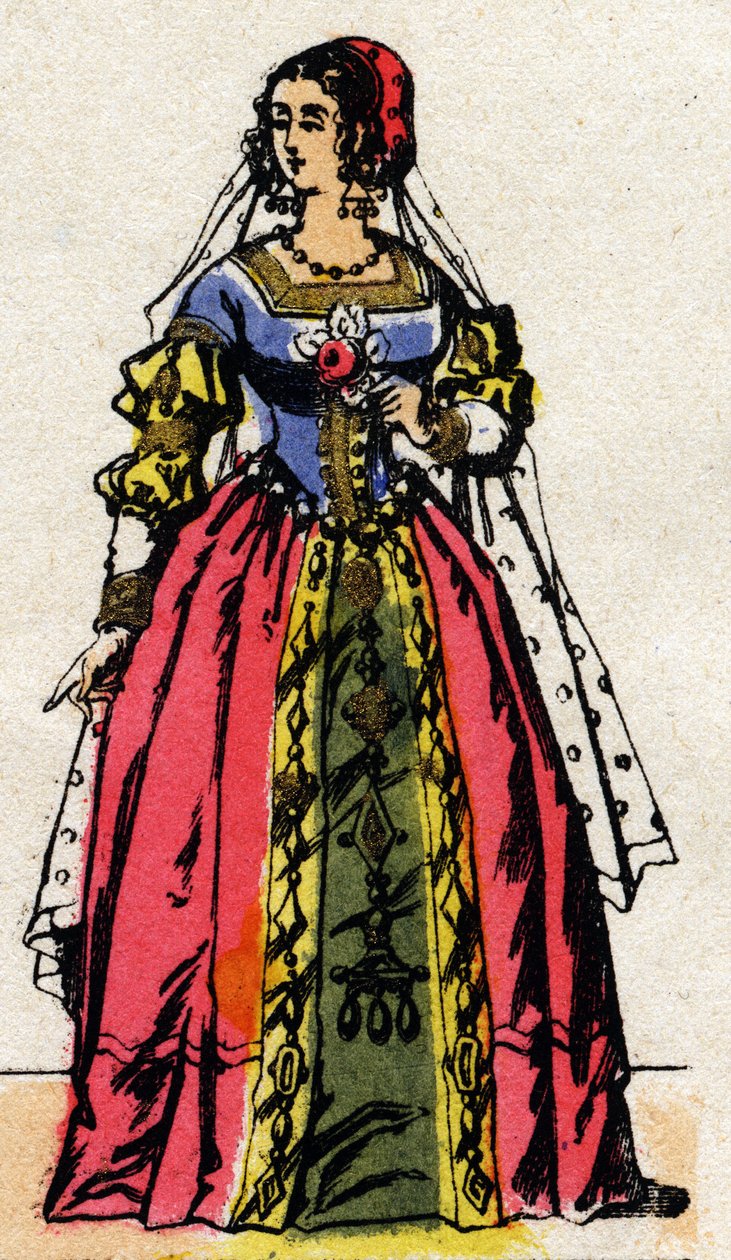 Valois-dynastiet: Portræt af Eleonore af Habsburg eller Østrig (1498-1558) Dronning af Frankrig, kone til Francois I (1494-1547). Epinal billeddannelse fra slutningen af det 19. århundrede. Privat samling. af French School