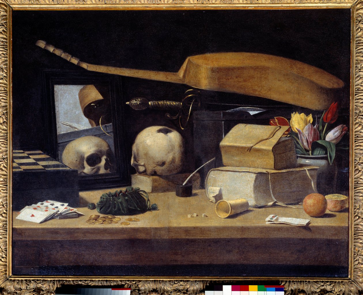 Vanitas Still Life (Vanite) med kortspil, instrument og kranium. Maleri af den franske skole. 17. århundrede. Søn 0,72x0,9 m af French School