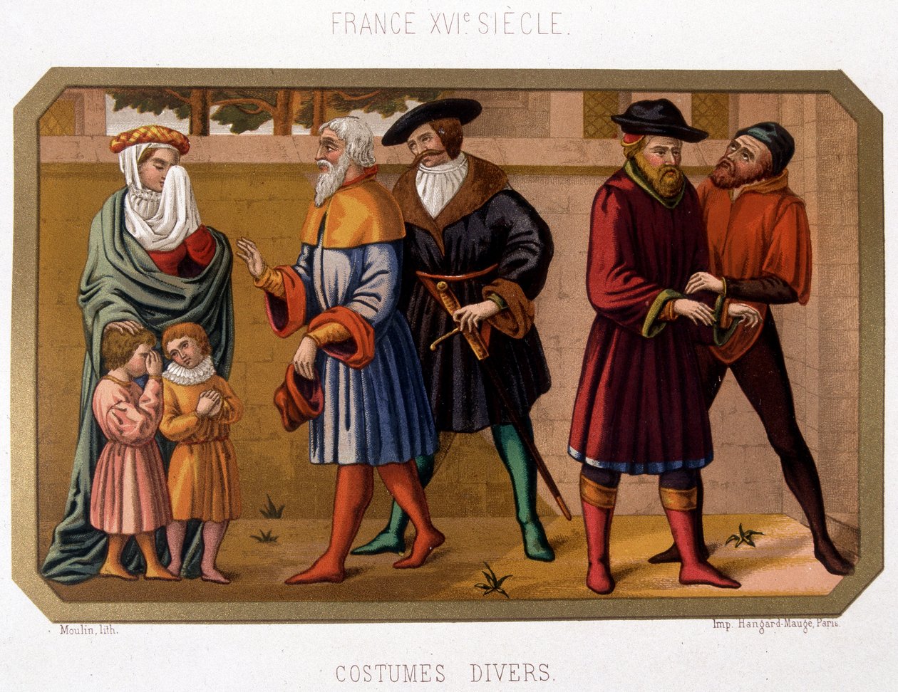 Forskellige dragter af borgerskabet i det 16. århundrede - kromo. 1800-tallet baseret på periodedokument af French School