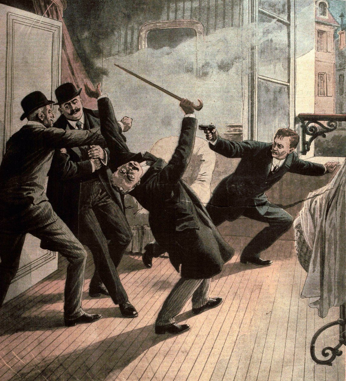Forskellige fakta: Anarkisten Jules Bonnot, leder af Bonnot Band, dræbte Louis Jouins 1912 (gravering) af French School