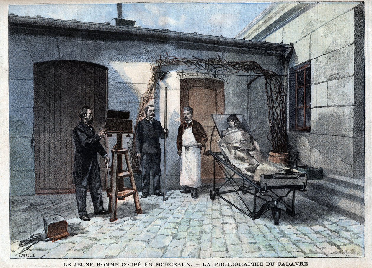 Forskellige fakta: fotografiet af liget skåret i stykker af Alphonse Bertillon (1853-1914), en fransk videnskabsmand, skaberen af antropometri. - i "" Le Petitle Parisien"" af French School