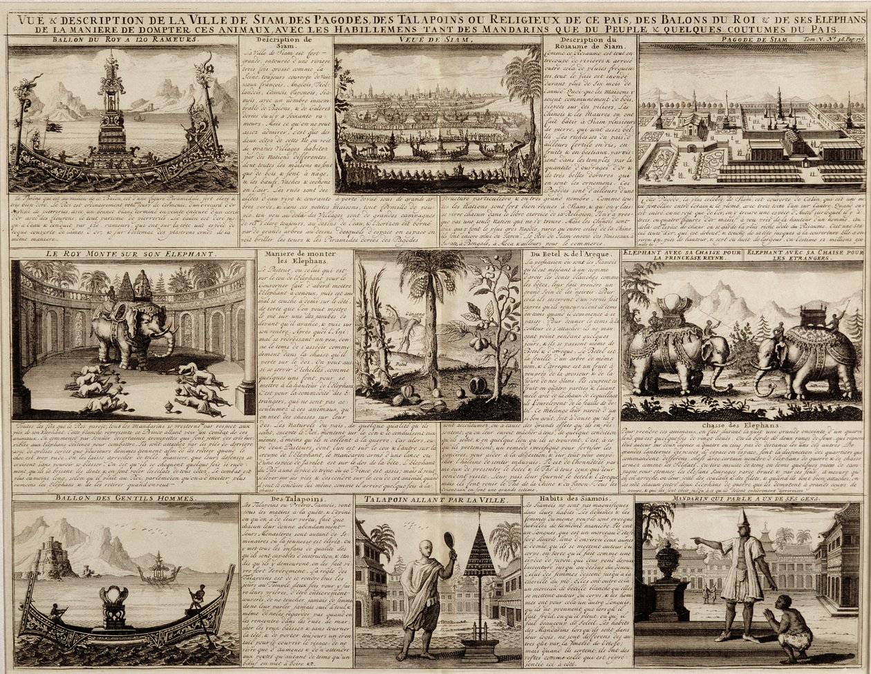 Forskellige udsigter over Siam og Ayutthaya, fra Du Royaume de Siam af Simon de la Loubere, udgivet i 1688 af French School