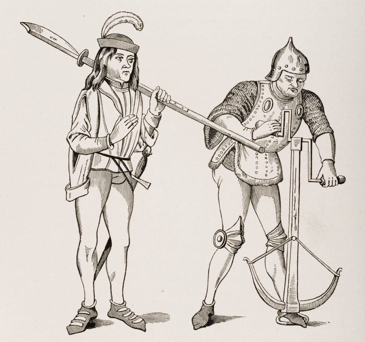 Varlet eller Squire, der bærer en tykbladet hellebard og en bueskytte, der tegner en armbrøst med dobbelthåndsspil, efter en miniature fra det 15. århundrede, fra Le Moyen Age et La Renaissance af Paul Lacroix ( af French School