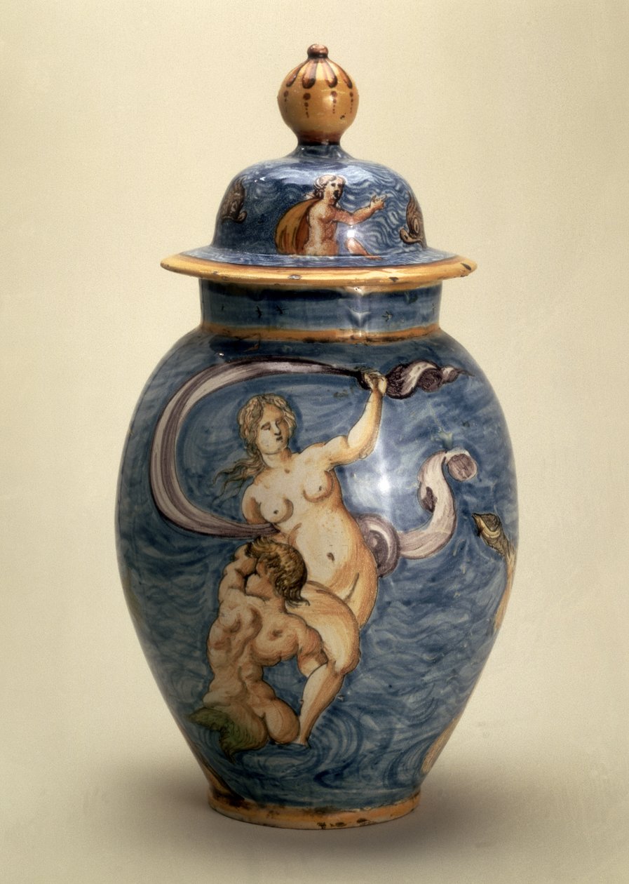 Vase, dekoreret med havguder, Nevers, begyndelsen af det 17. århundrede (maiolica med polykromt maleri) af French School