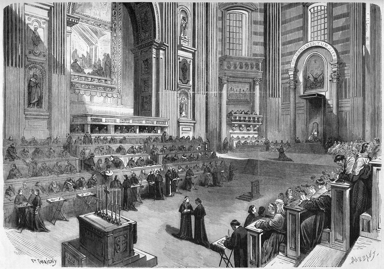 Vatikankoncil 1 (1869-1870): Første møde afholdt den 9. december 1869 i højre del af tværskibet af Peterskirken i Rom. Indgravering i "" Le Monde Illustré"" nr. 663 af 25. december 1869. af French School