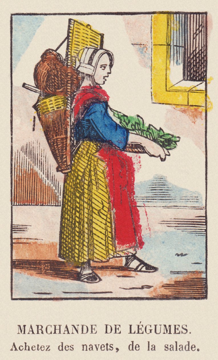 Grøntsagssælger. Køb majroer, salat, omkring 1819 (print) af French School