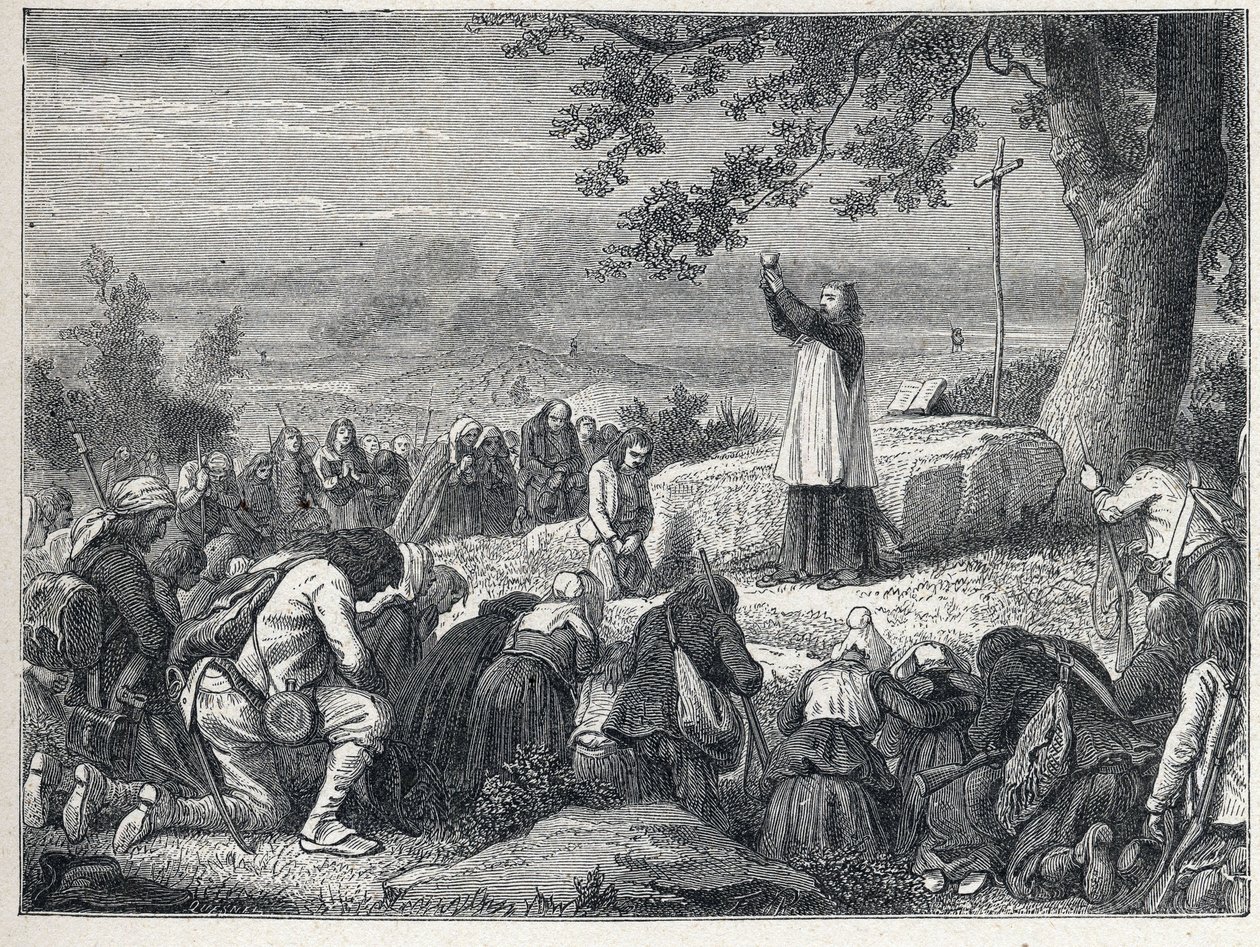 Vendee Wars (1793-1796): Præstindsætter fejrer en messe under en eg for den oprørske befolkning, der afviser svorne præster. Stik fra 1889. Privat samling. af French School