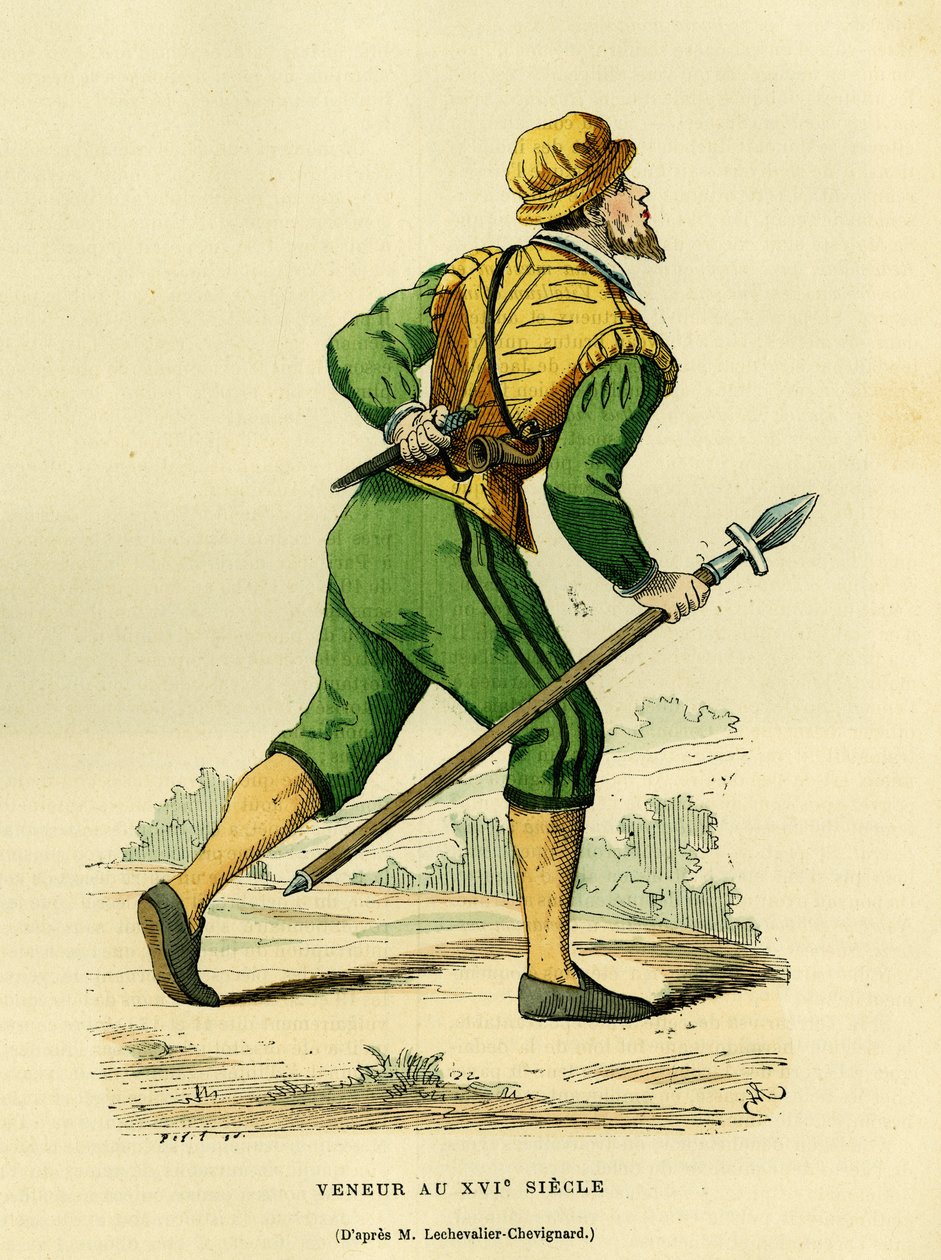 Veneur-dragt, ansvarlig for jagt på almindelige hunde, i det 17. århundrede. Farvestik efter en tegning af Lechevaller-Chevignard, i "France et les francais a travers les centuries" af Augustin Challamel, F.Roy editor, Paris 1882. Selva-samlingen. af French School