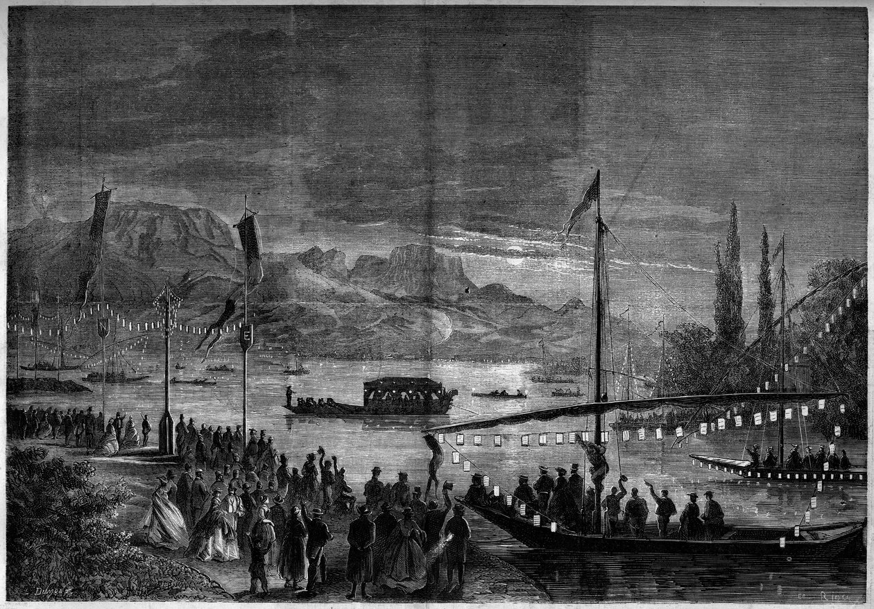 Venetiansk fest ved Annecy-søen i anledning af besøget af Napoleon III og imponeren Eugenie de Montijo. Annecy, Haute Savoie (74) af French School
