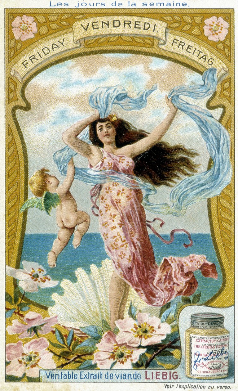 Venus illustrerer fredag. Liebig kromolitografisk reklamekort. af French School