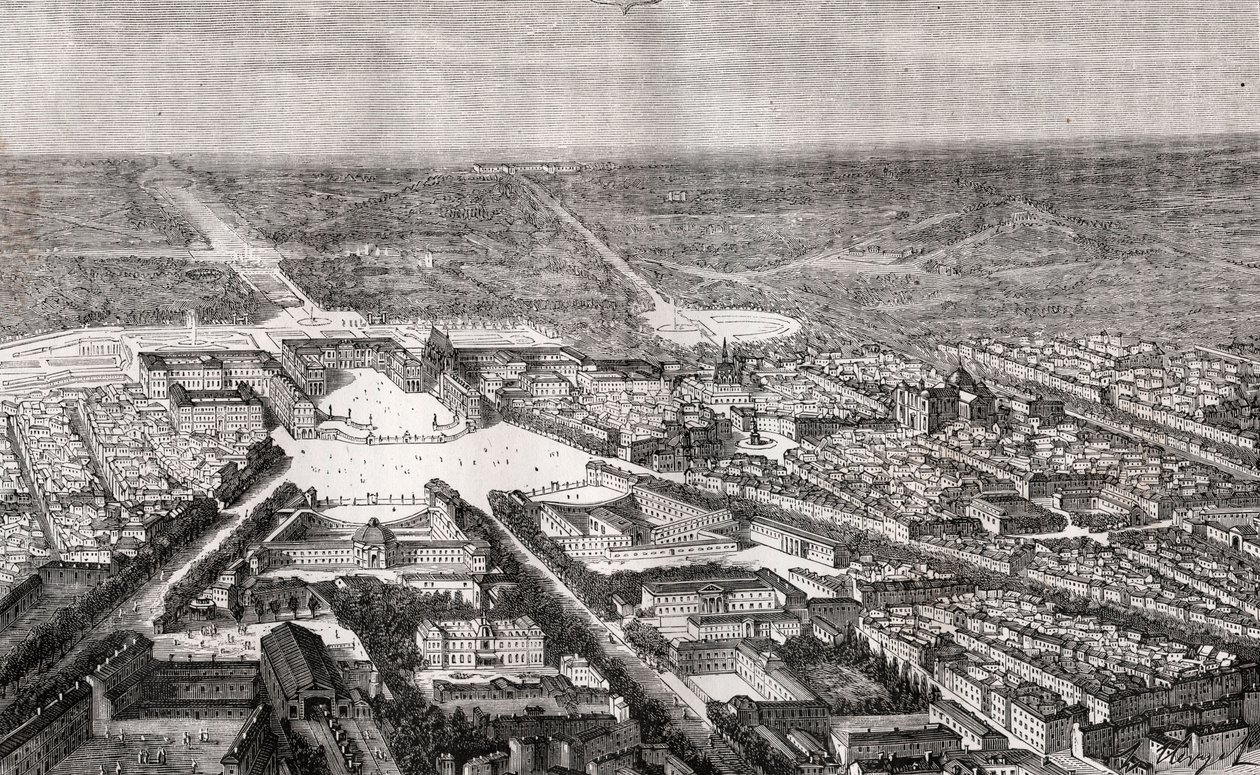 Versailles med sit slot i det 19. århundrede - indgravering i "La France illustree: geografi, historie, statistisk administration" af V.A. Malt-brun. 1884 af French School