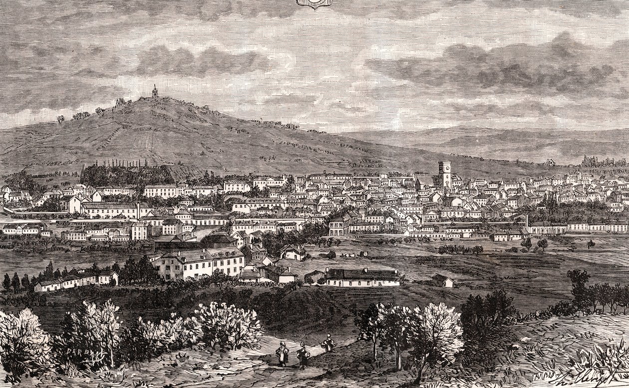 Vesoul - kommune i Grand Est i Frankrig, præfektur i departementet Haute-Saone i regionen Bourgogne-Franche-Comte - gravering i "Frankrig illustree: geografi, historie, statistisk administration" af V.-A. Malt-brun. 1884 af French School