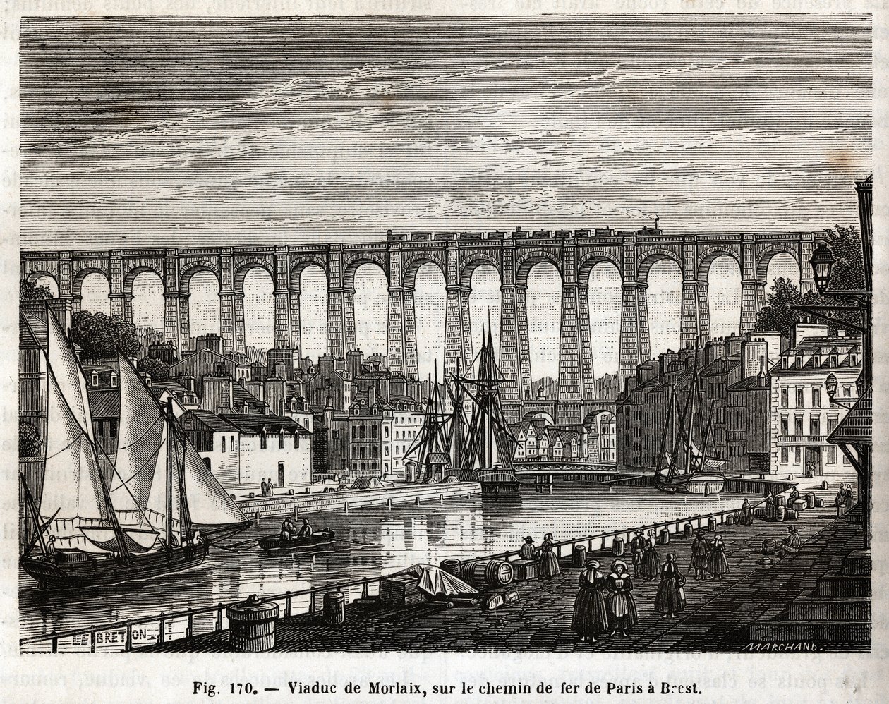 Morlaix Viaduct, på jernbanen fra Paris til Brest (Frankrig). Indgravering af Lebreton og Marchand, i "" Videnskabens vidundere"" af Louis Figuier (1819-1894), Jouvet et Cie-udgaven af French School