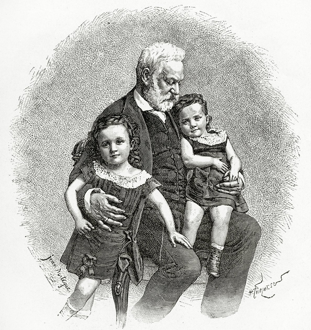Victor Hugo og hans børnebørn, 1800-tallet (bw-gravering) af French School