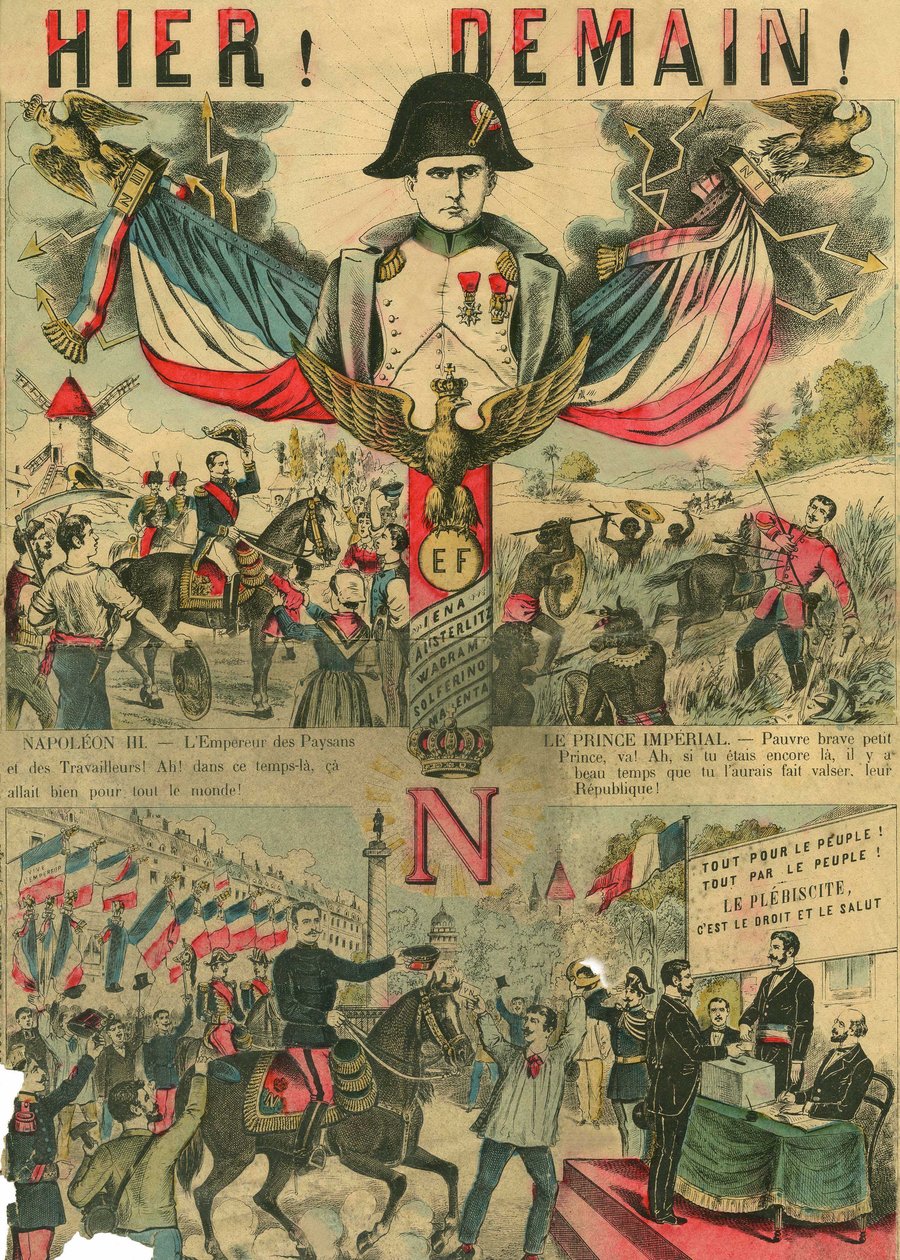 Victor Napoleon (1862-1926) i spidsen for bonapartisternes tilhængere, den sidste arving til Napoleon I, som måtte gå i eksil efter en lov vedtaget af den tredje republik i 1886. Gravering, i "Le Figaro, supplement", den 30/03/1889, Paris. af French School