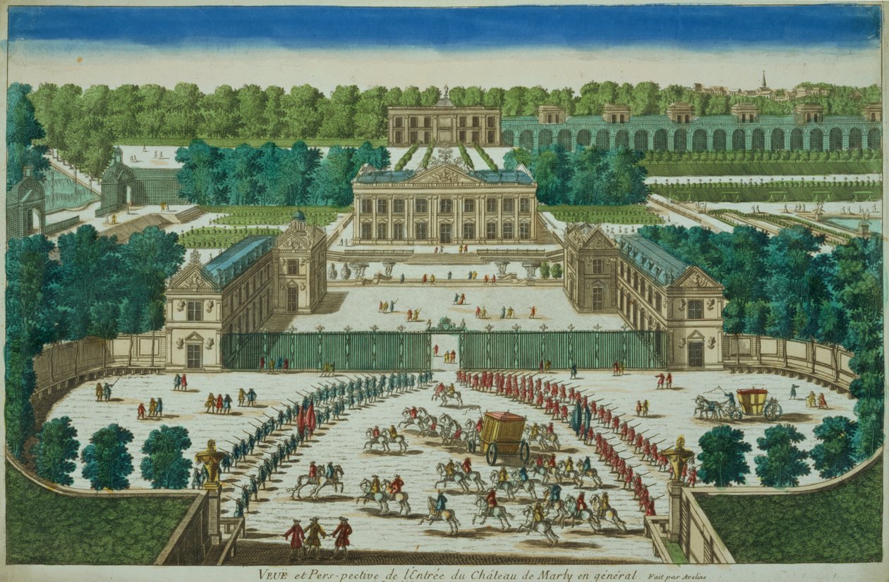 Udsigt og perspektiv af indgangen til Chateau of Marly, indgraveret af Antoine Aveline (1691-1743) af French School