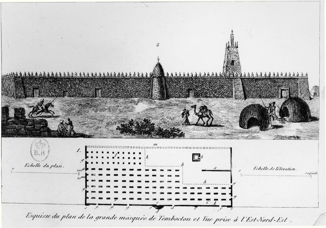 Udsigt og plan over den store moske i Timbuktu, fra Journal dun voyage a Tombouctou af Rene Caillie (1799-1838), 1830 af French School