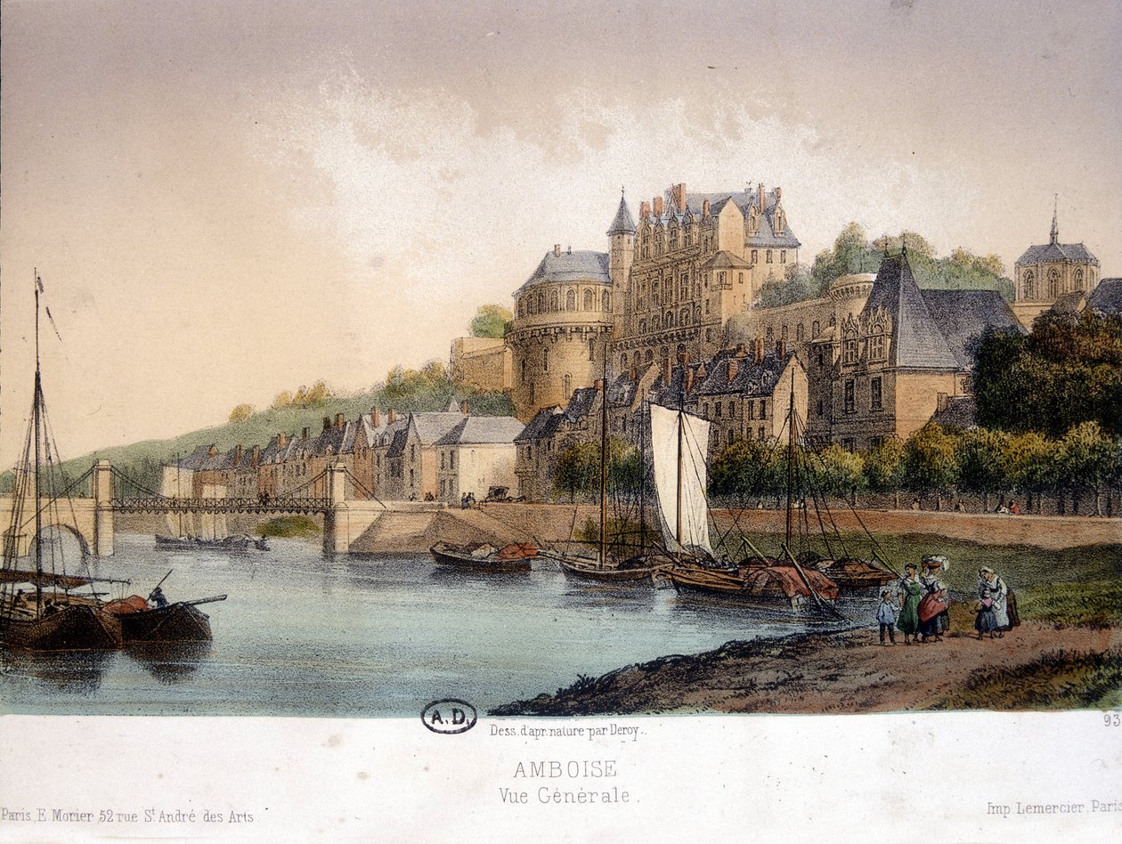 Udsigt over Amboise - litografi af French School