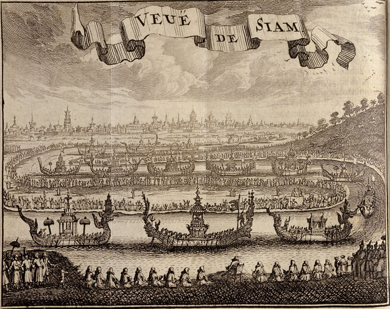Udsigt over Ayutthaya med kongelige pramme, fra Voyage du Siam des Peres Jesuites af Guy Tachard, 1688 af French School