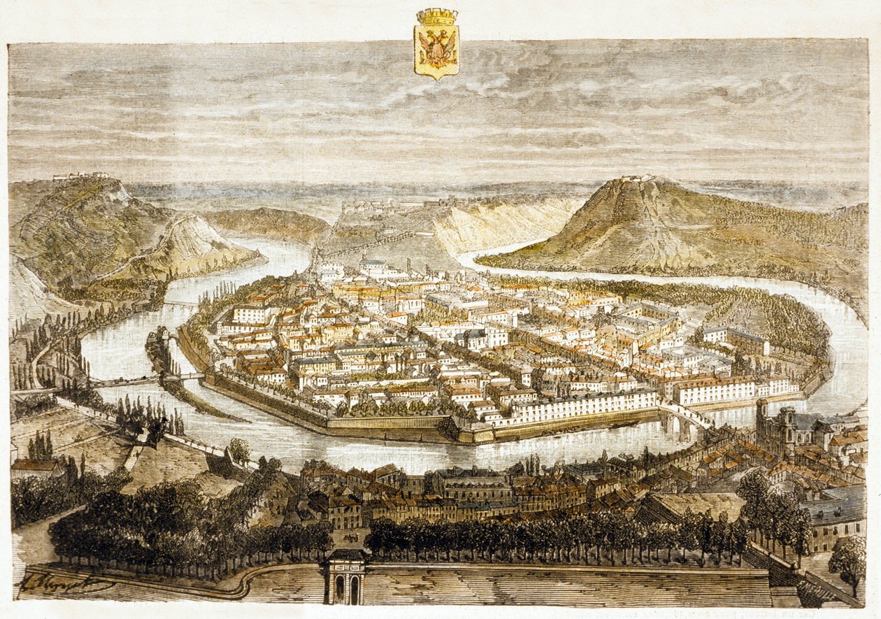 Udsigt over Besancon, Frankrig (farvegravering) af French School