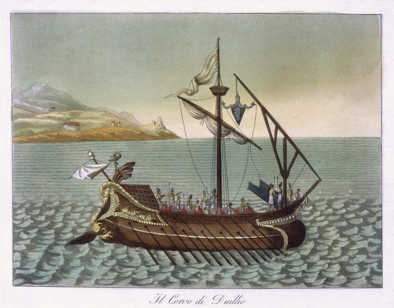 Udsigt over Corvus, Naval Crane, brugt af G. Duillus, 1796 af French School