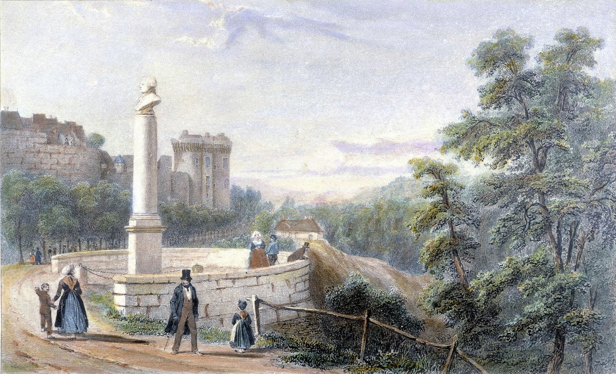 Udsigt over slottet i Dinan og statuen af Duclos Pinot. Illustration fra det 19. århundrede bevaret på museet i Dinan. af French School
