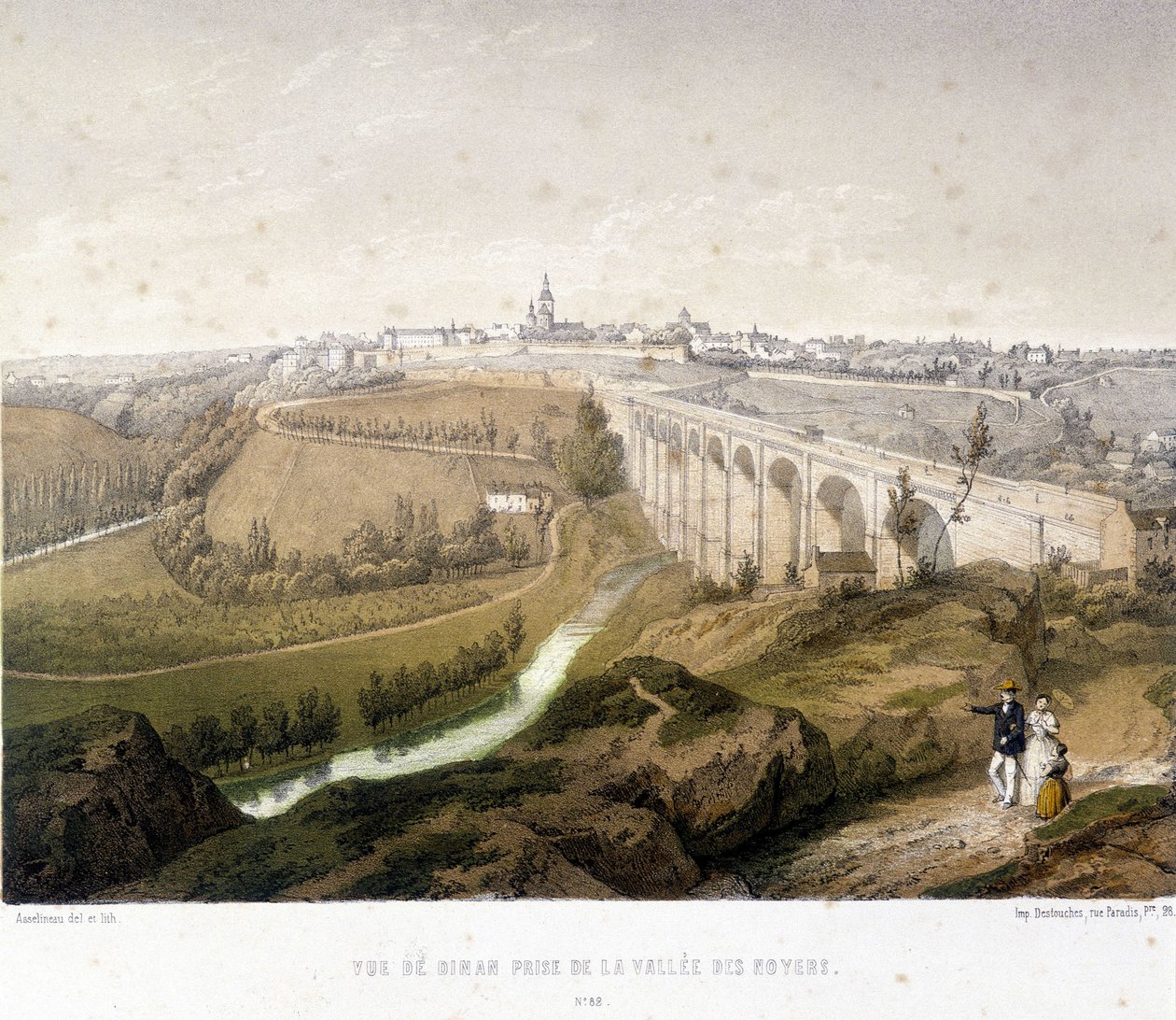 Udsigt over Dinan, viadukten og valnøddedalen. Illustration fra det 19. århundrede bevaret på museet i Dinan. af French School