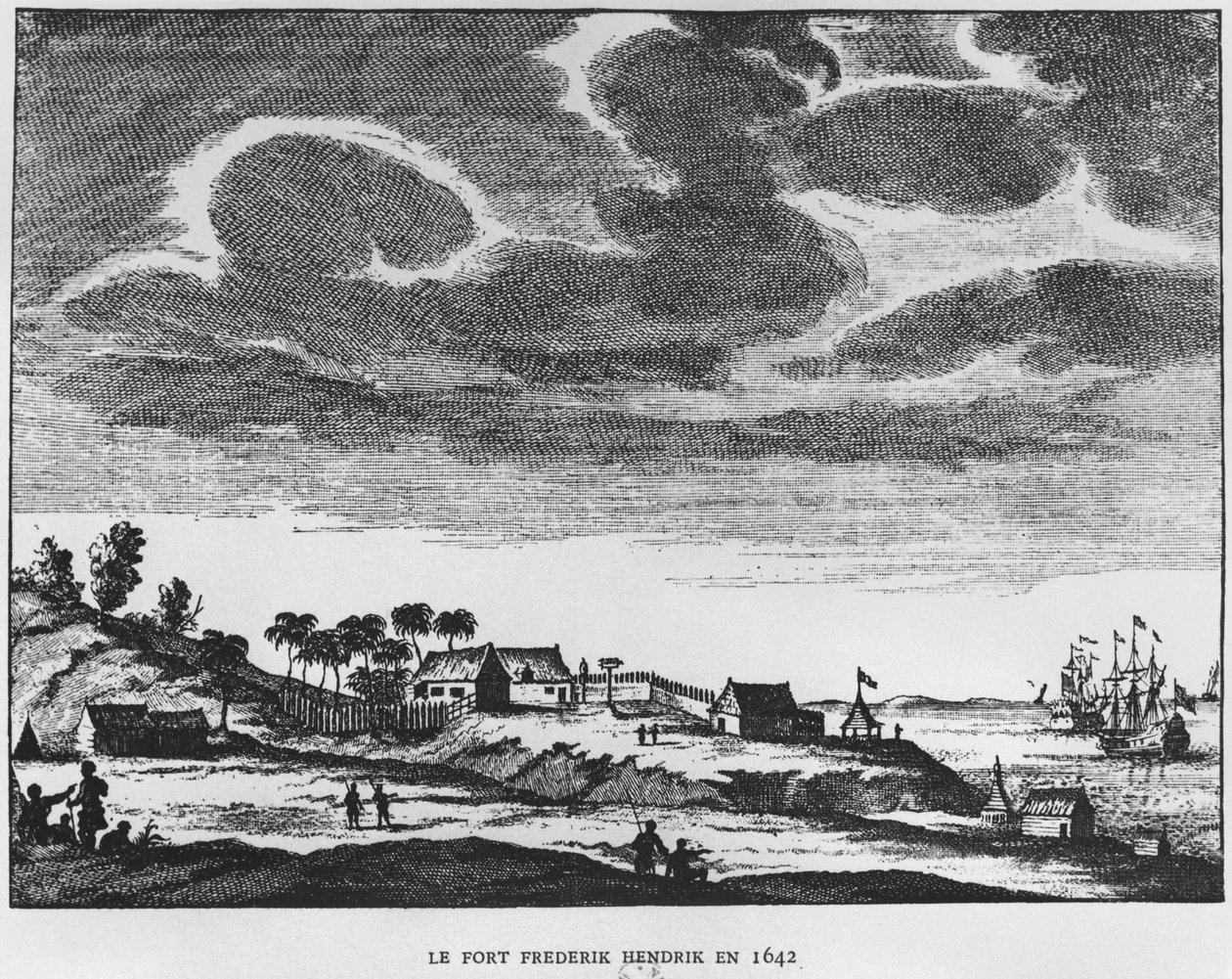 Udsigt over Fort Frederik Hendrik, Mauritius, i 1642, illustration fra Le Premier Etablissement Neerlandais a Maurice af Prins Roland Bonaparte (1858-1924) 1890 af French School