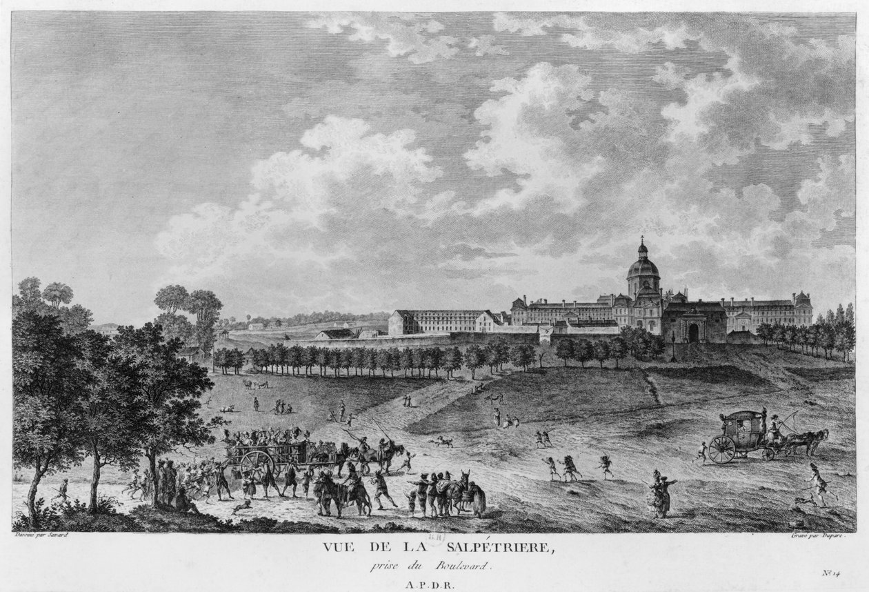 Udsigt over Hopital La Salpetriere, transport af prostituerede, Paris, indgraveret af Duparc, efter en tegning af Savard, ca. 1790 af French School