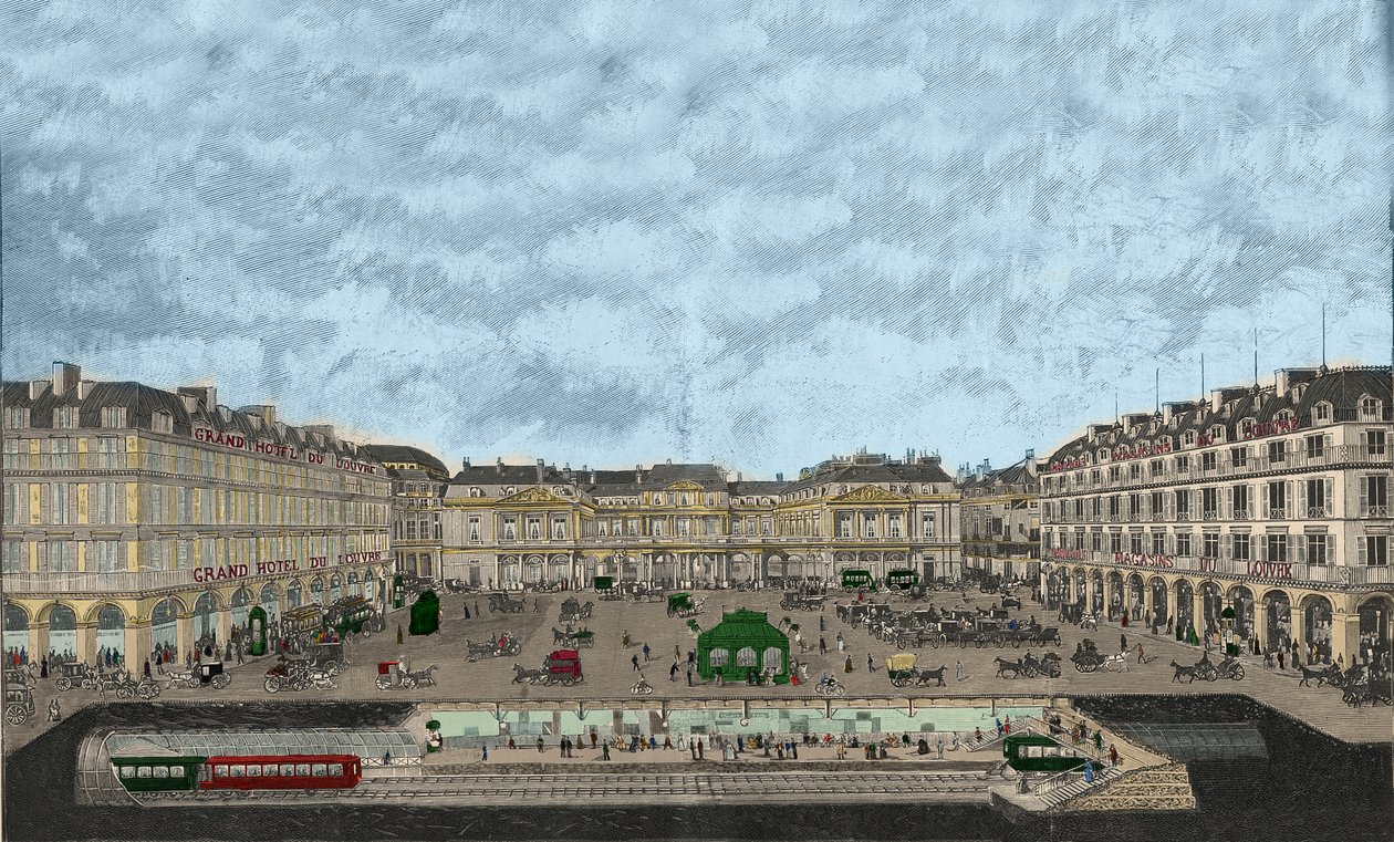 Udsigt over Palais-Royal og Rue de Rivoli med et tværsnit af hovedbanegården 1898 (farvet radering) af French School
