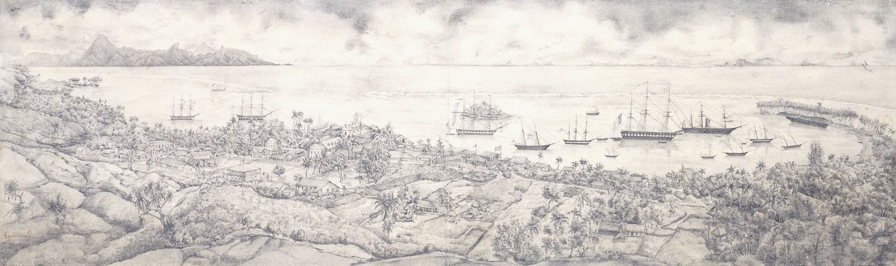 Udsigt over Papeete, Tahiti, med udsigt over havnen mod Moorea, midten af 1800-tallet af French School