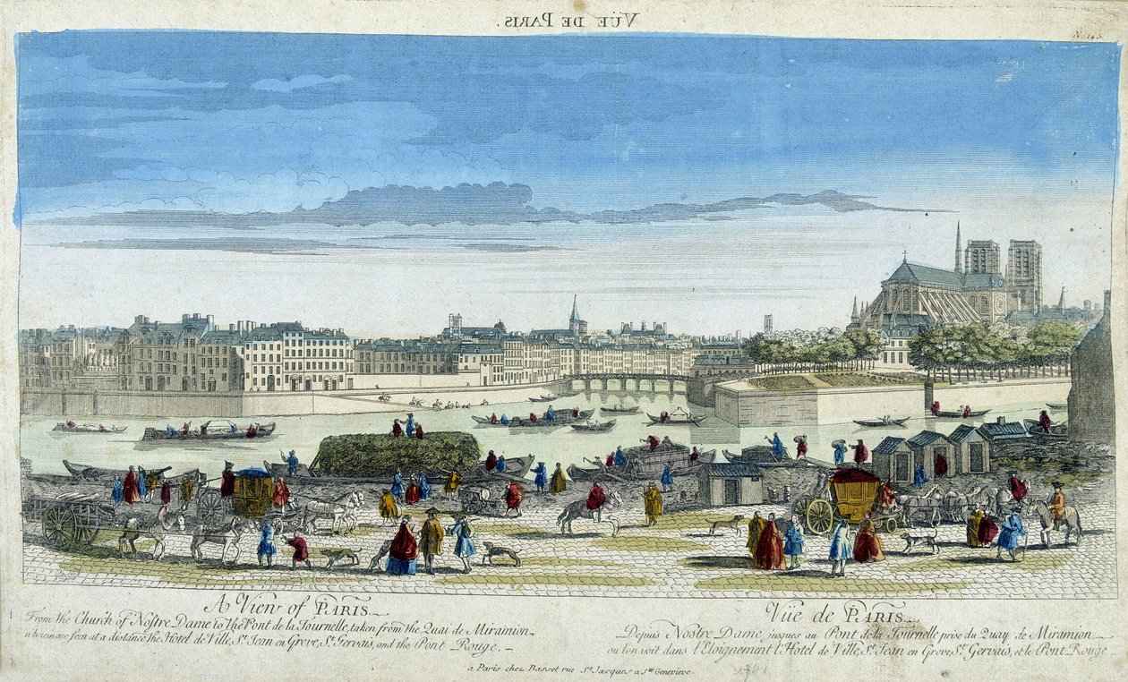 Udsigt over Paris og Notre-Dame (Notre Dame), tager havnen ved Ile St Louis - gravering af French School