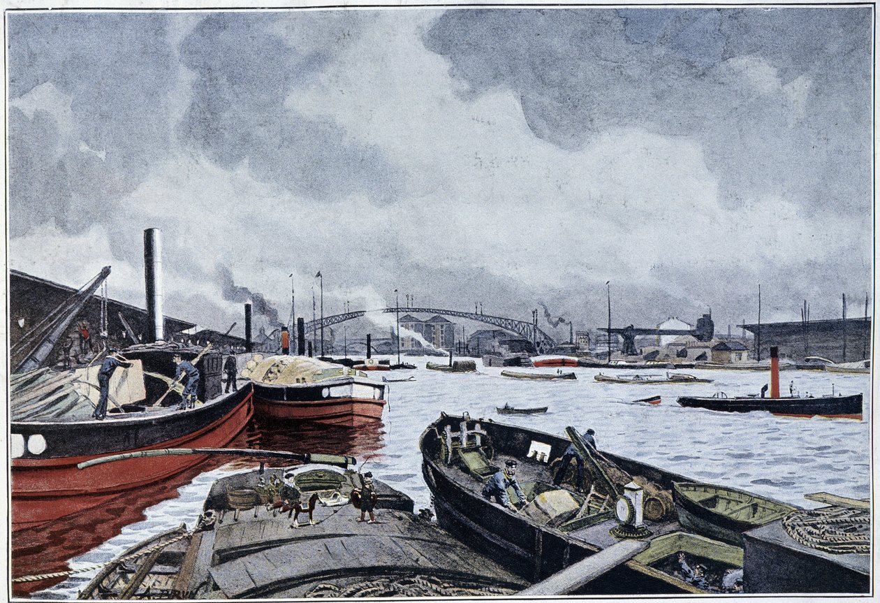 Udsigt over Paris, Seinen og Villettebassinet, akvarel af Brun. 1889. af French School