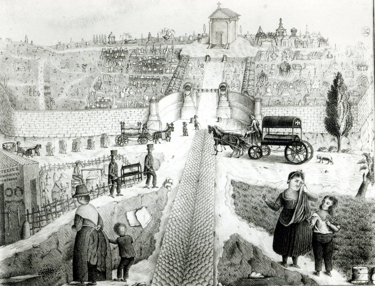 Udsigt over Pere-Lachaise kirkegård, begyndelsen af det 19. århundrede af French School