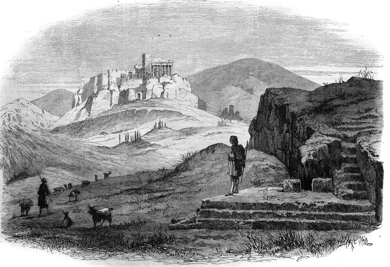 Udsigt over Pnyx, Athenes bakke vest for Akropolis med udsigt over det gamle Agora. Stik efter tegning af M.F. Sargeais i "The Illustrous Universe"" af French School