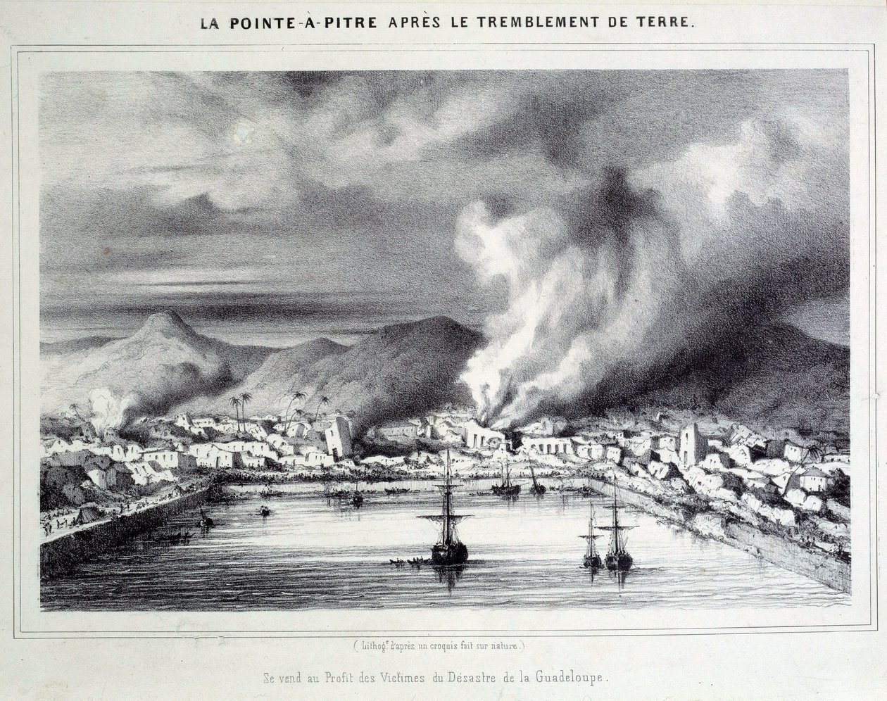 Udsigt over Pointe a Pitre (Pointe-a-Pitre) efter jordskælvet den 8/02/1843. Gravering af Chartres fra det 19. århundrede, Musee des Beaux Arts af French School