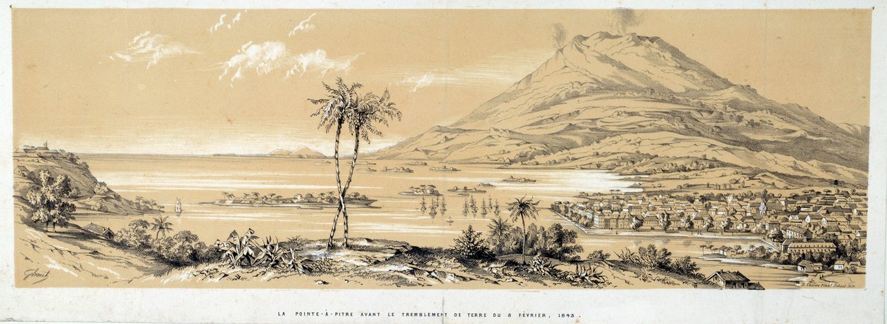Udsigt over Pointe a Pitre (Pointe-a-Pitre) før jordskælvet. Stik fra 1843. Chartres, Museum of Fine Arts af French School